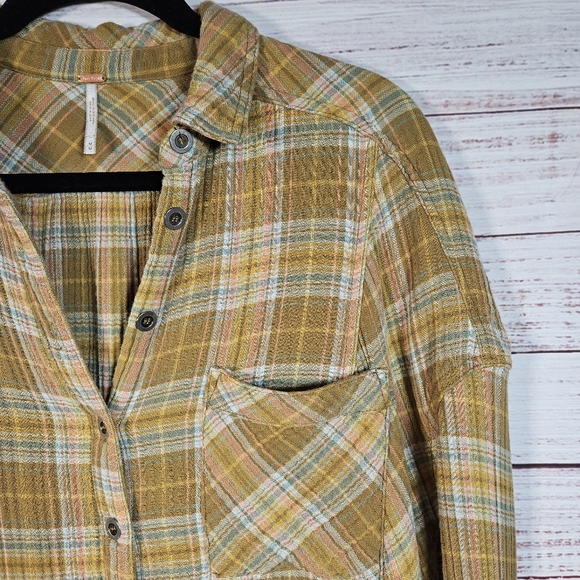 Free People olive green plaid button down top - Picture 6 of 16